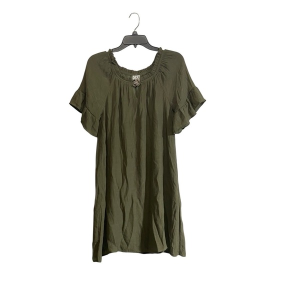NAIF Dresses & Skirts - Naif Tunic Dress Small Olive Green Ruffle Sleeve O Ring Popover Boho Casual